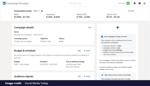 LinkedIn Accelerate campaign creation interface with AI-driven suggestions for ad optimization.